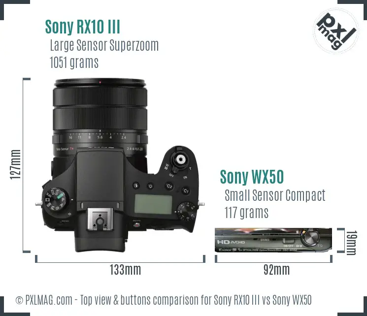 Sony RX10 III vs Sony WX50 top view buttons comparison