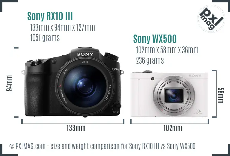 Sony RX10 III vs Sony WX500 size comparison