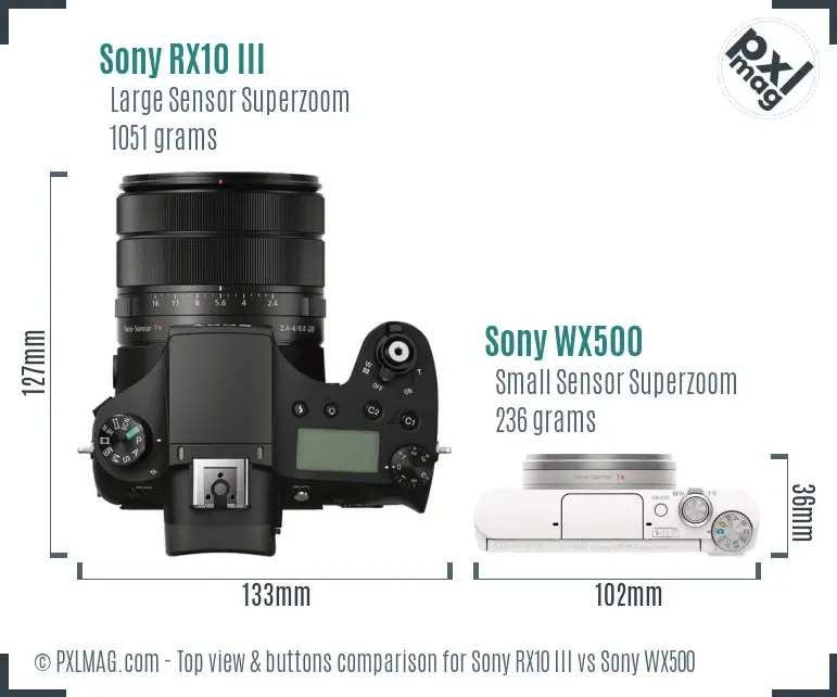 Sony RX10 III vs Sony WX500 top view buttons comparison