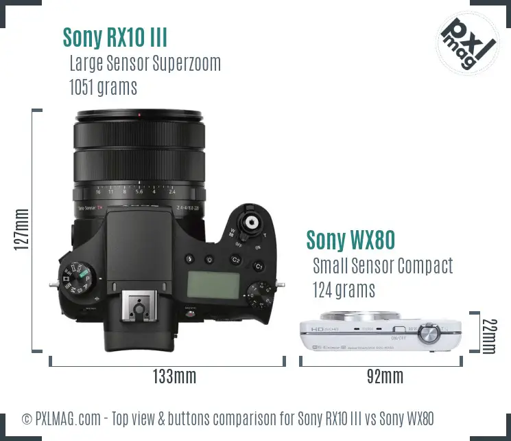 Sony RX10 III vs Sony WX80 top view buttons comparison