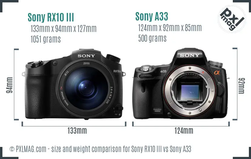 Sony RX10 III vs Sony A33 size comparison