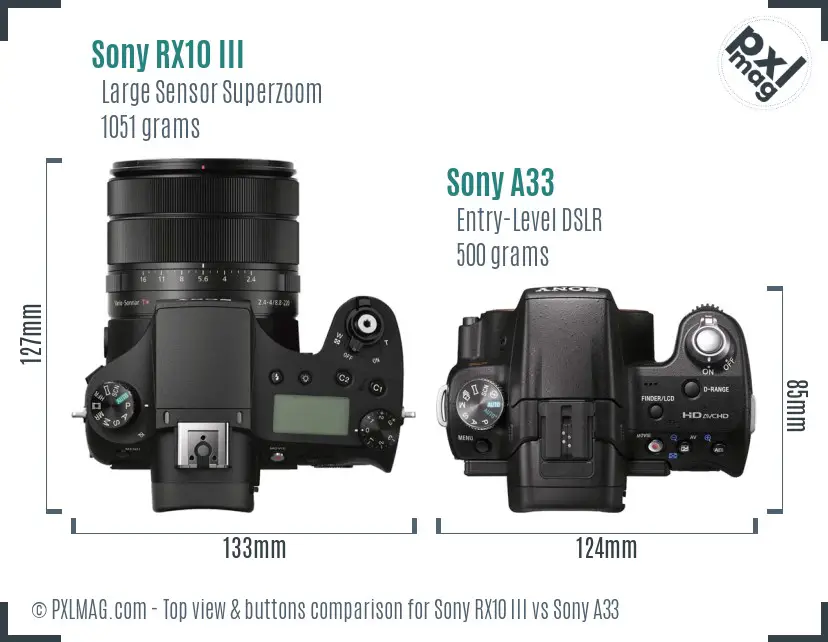 Sony RX10 III vs Sony A33 top view buttons comparison
