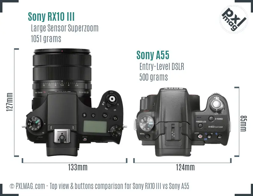 Sony RX10 III vs Sony A55 top view buttons comparison