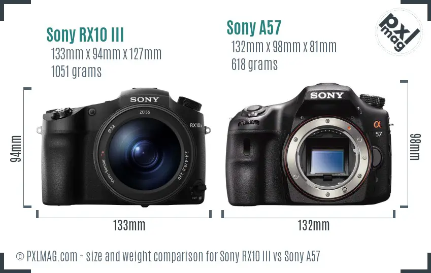 Sony RX10 III vs Sony A57 size comparison