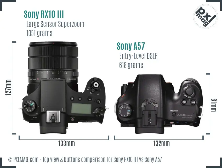 Sony RX10 III vs Sony A57 top view buttons comparison