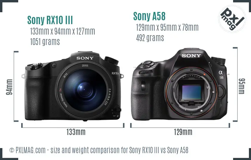 Sony RX10 III vs Sony A58 size comparison