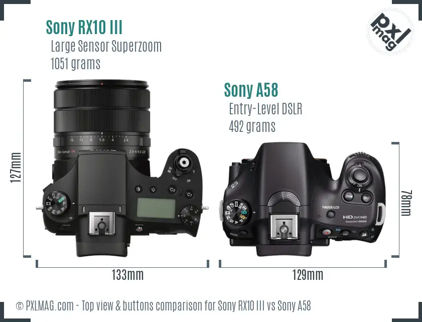 Sony RX10 III vs Sony A58 top view buttons comparison