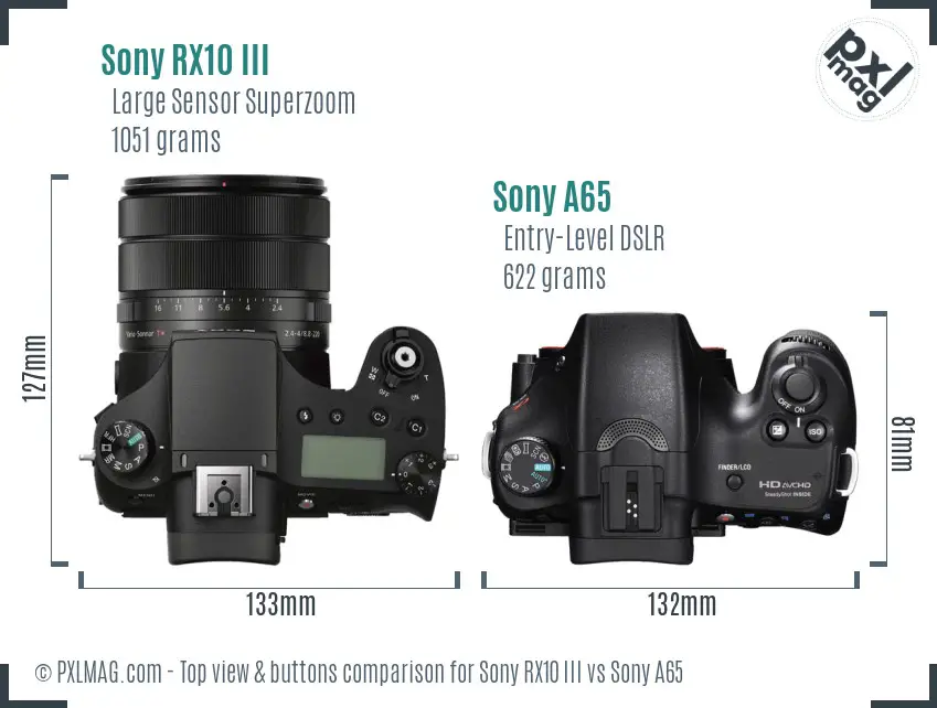 Sony RX10 III vs Sony A65 top view buttons comparison