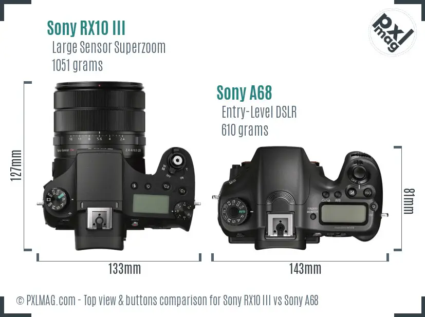 Sony RX10 III vs Sony A68 top view buttons comparison