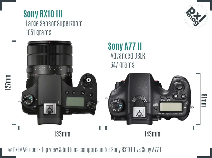 Sony RX10 III vs Sony A77 II top view buttons comparison
