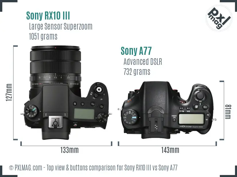 Sony RX10 III vs Sony A77 top view buttons comparison