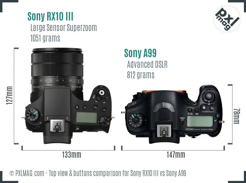 Sony RX10 III vs Sony A99 top view buttons comparison
