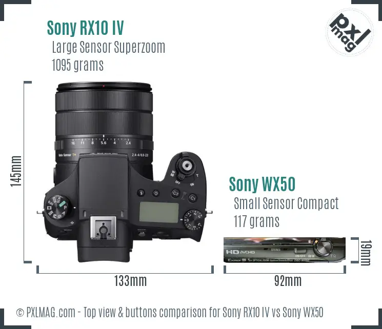 Sony RX10 IV vs Sony WX50 top view buttons comparison
