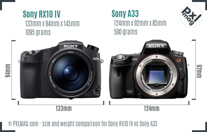 Sony RX10 IV vs Sony A33 size comparison