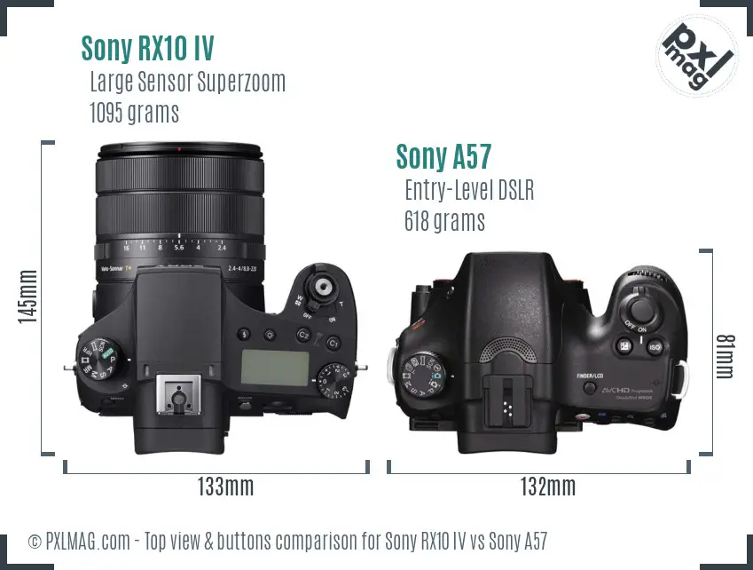 Sony RX10 IV vs Sony A57 top view buttons comparison