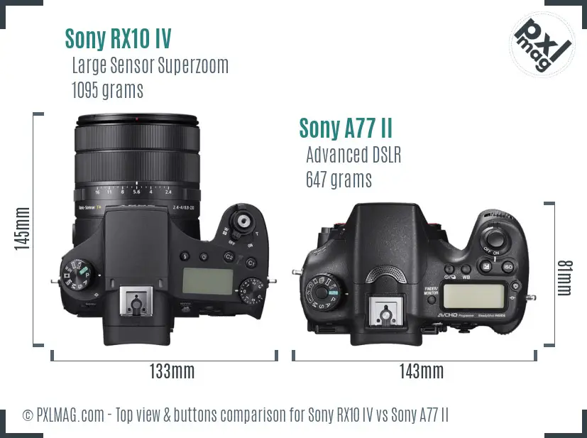 Sony RX10 IV vs Sony A77 II top view buttons comparison