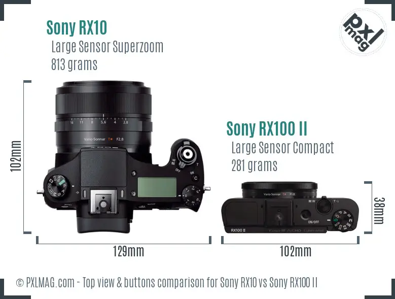 Sony RX10 vs Sony RX100 II top view buttons comparison