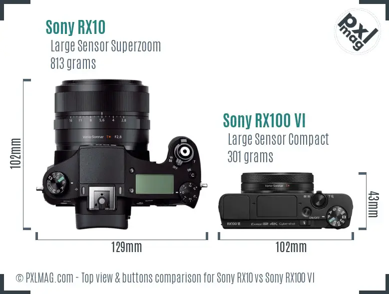 Sony RX10 vs Sony RX100 VI top view buttons comparison