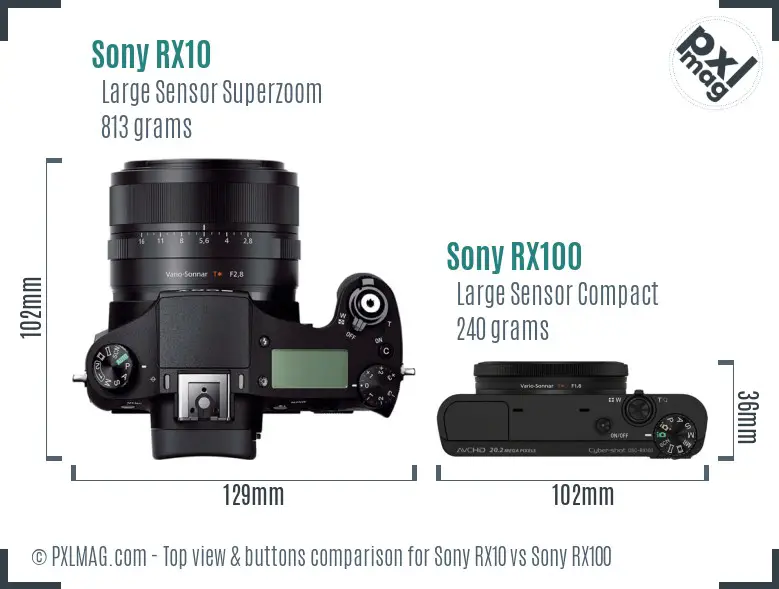 Sony RX10 vs Sony RX100 top view buttons comparison