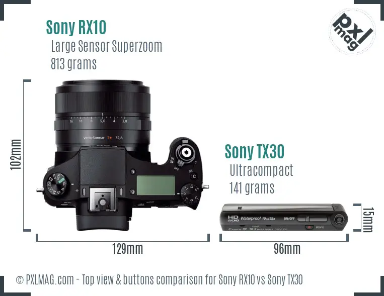 Sony RX10 vs Sony TX30 top view buttons comparison