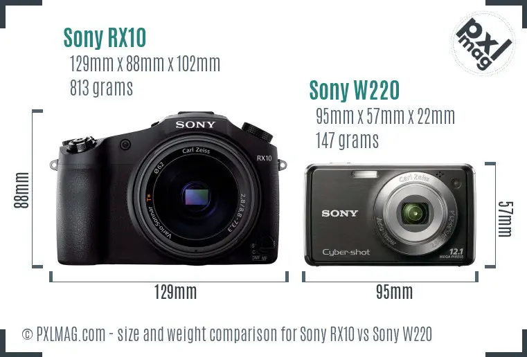 Sony RX10 vs Sony W220 size comparison