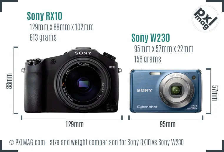 Sony RX10 vs Sony W230 size comparison