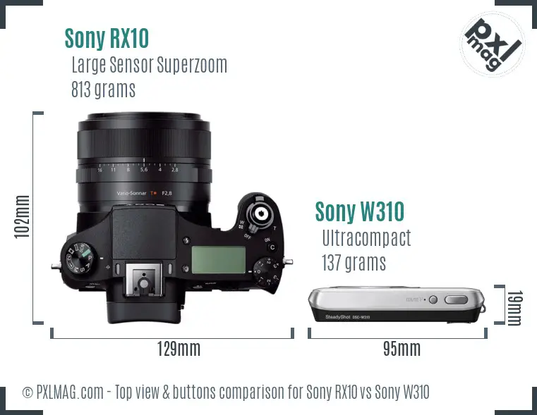 Sony RX10 vs Sony W310 top view buttons comparison