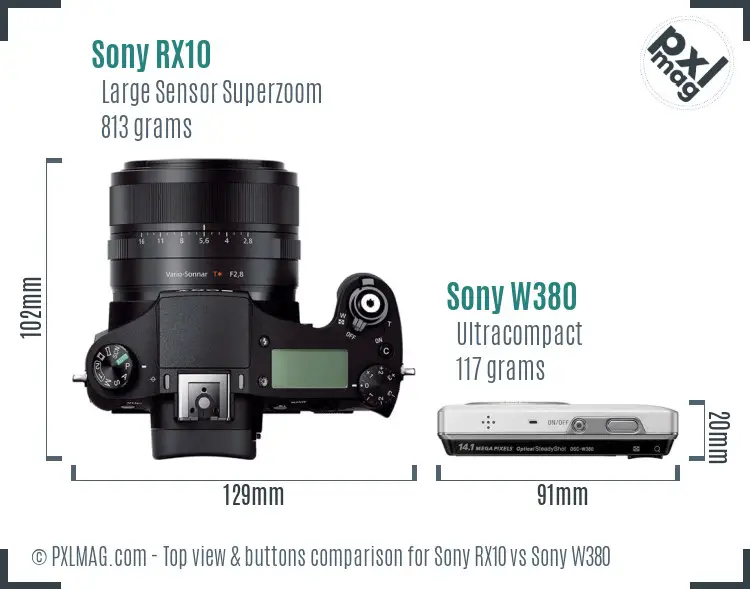 Sony RX10 vs Sony W380 top view buttons comparison