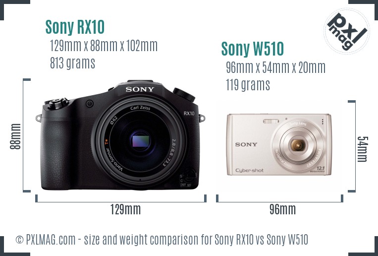 Sony RX10 vs Sony W510 size comparison