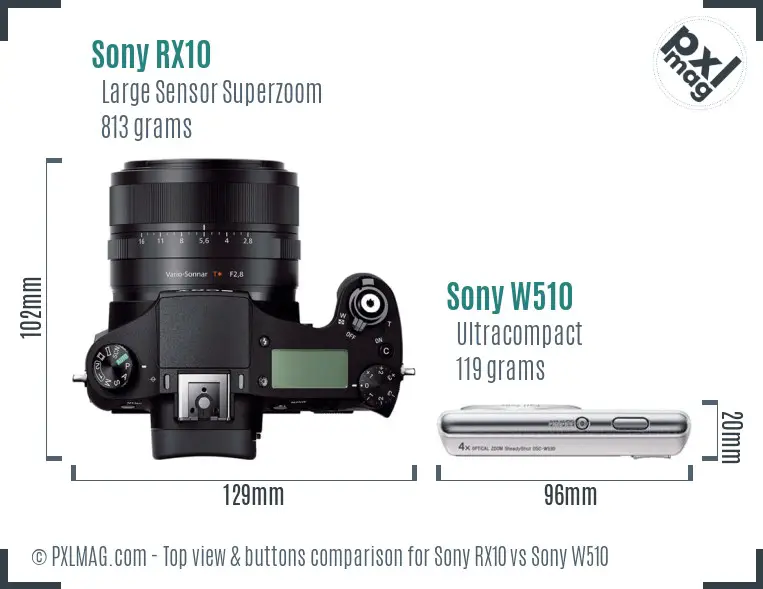 Sony RX10 vs Sony W510 top view buttons comparison