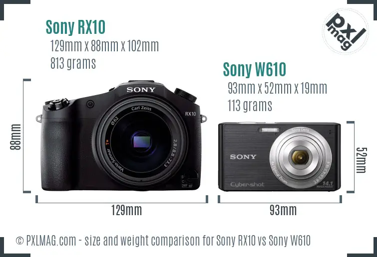 Sony RX10 vs Sony W610 size comparison