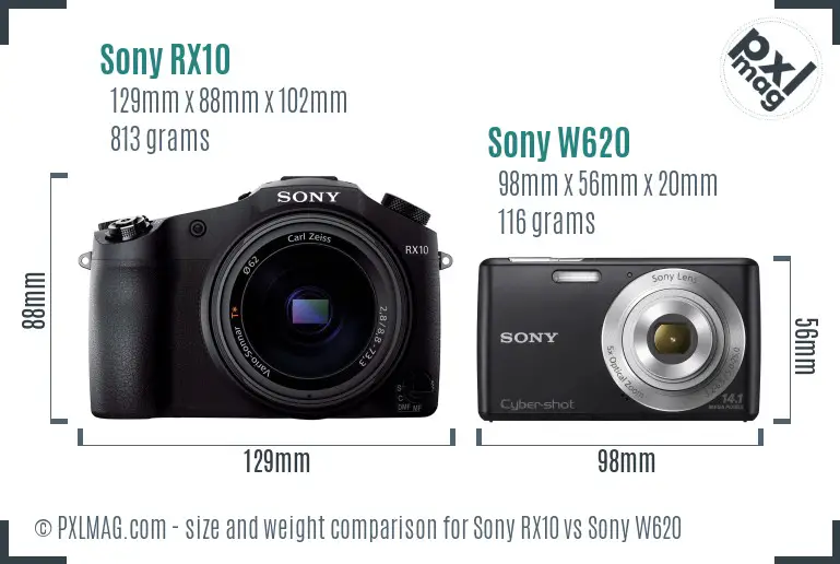 Sony RX10 vs Sony W620 size comparison