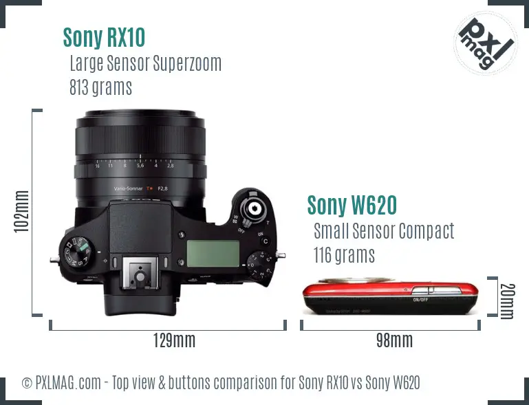 Sony RX10 vs Sony W620 top view buttons comparison