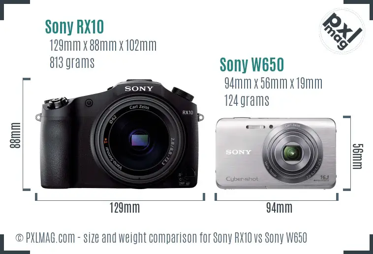 Sony RX10 vs Sony W650 size comparison