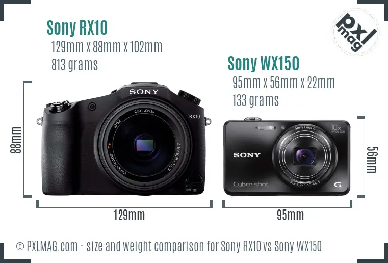 Sony RX10 vs Sony WX150 size comparison