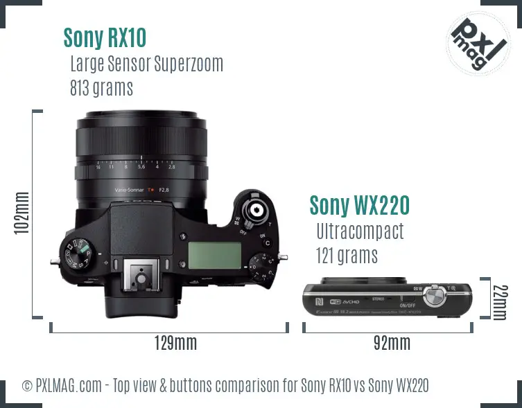 Sony RX10 vs Sony WX220 top view buttons comparison