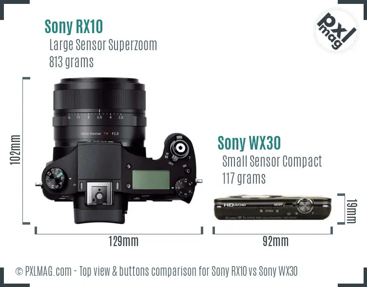 Sony RX10 vs Sony WX30 top view buttons comparison