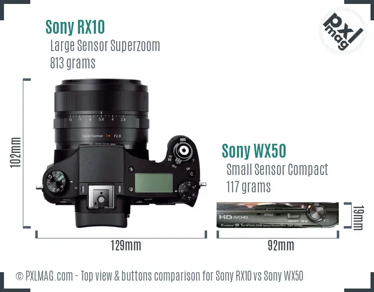 Sony RX10 vs Sony WX50 top view buttons comparison