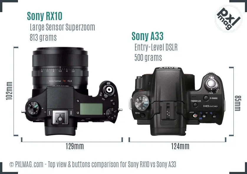 Sony RX10 vs Sony A33 top view buttons comparison