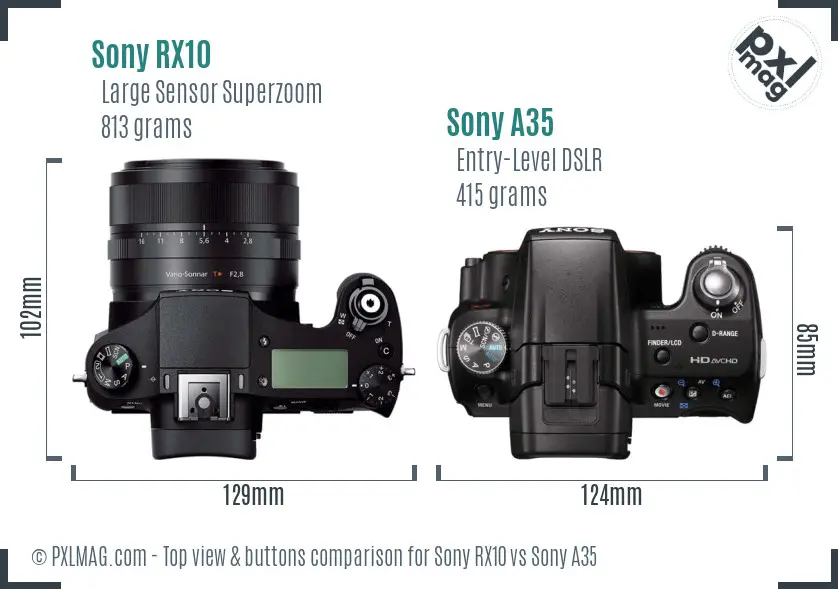 Sony RX10 vs Sony A35 top view buttons comparison