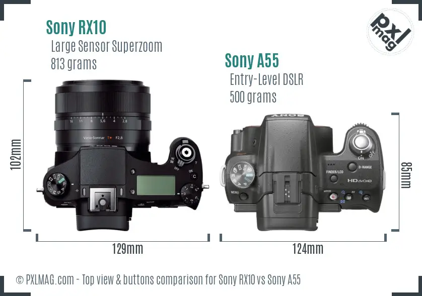 Sony RX10 vs Sony A55 top view buttons comparison