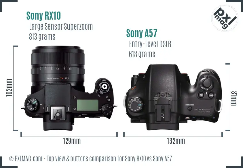 Sony RX10 vs Sony A57 top view buttons comparison