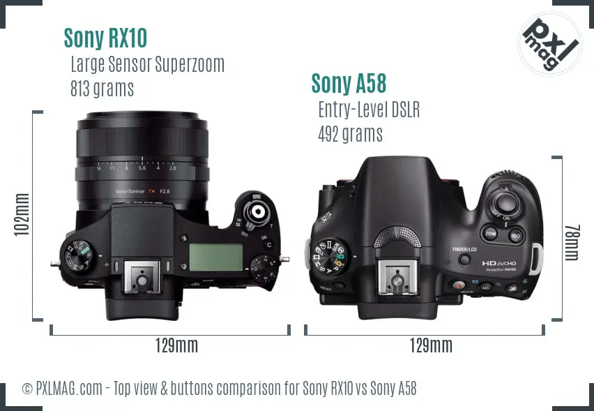 Sony RX10 vs Sony A58 top view buttons comparison