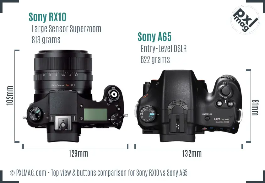 Sony RX10 vs Sony A65 top view buttons comparison