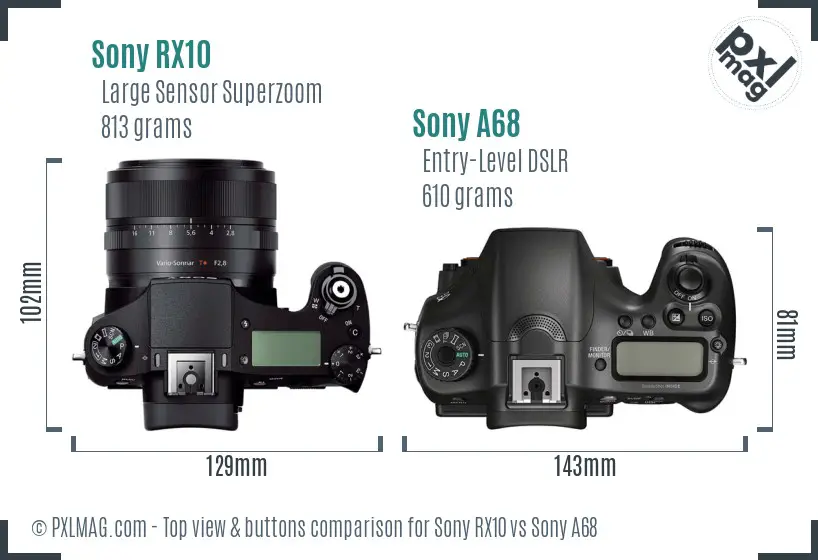 Sony RX10 vs Sony A68 top view buttons comparison