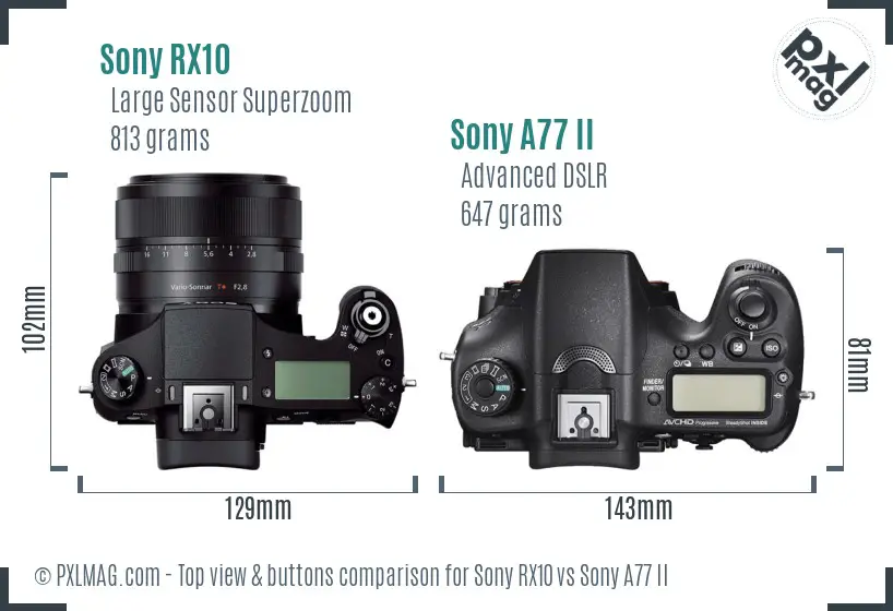 Sony RX10 vs Sony A77 II top view buttons comparison