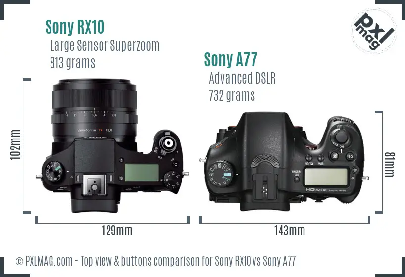 Sony RX10 vs Sony A77 top view buttons comparison