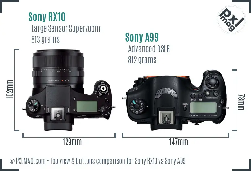 Sony RX10 vs Sony A99 top view buttons comparison