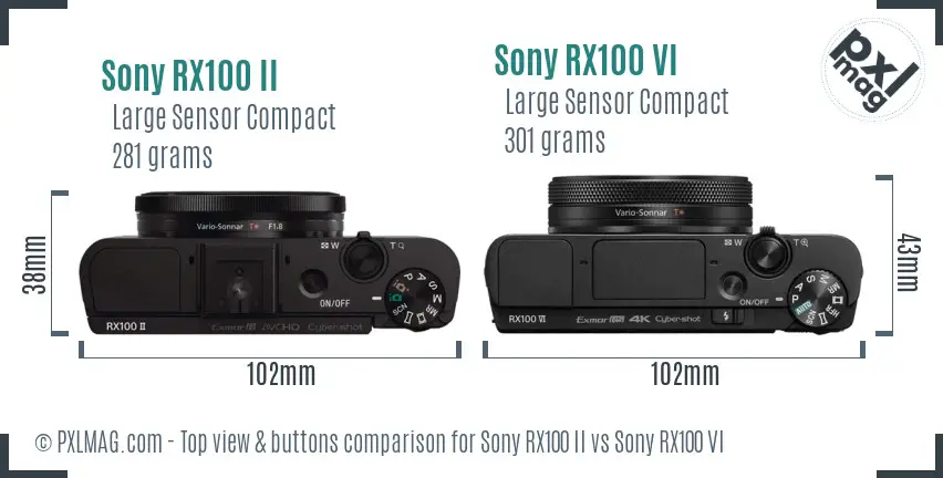 Sony RX100 II vs Sony RX100 VI top view buttons comparison
