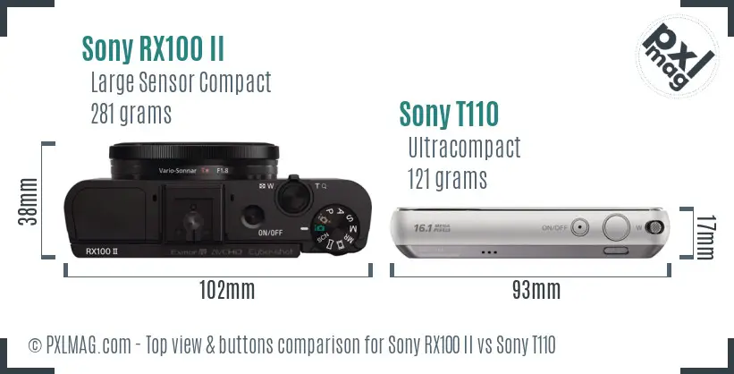 Sony RX100 II vs Sony T110 top view buttons comparison